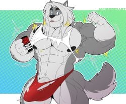 abs after_exercise anthro armpit_showing beverage_can big_muscles big_pecs black_nipples canid canine canis chest_tattoo clothing erection erection_through_clothing erection_under_clothing flexing flexing_bicep footprint fur genitals grey_body grey_fur growth hair hi_res holding_object humanoid_genitalia humanoid_penis juice_(beverage) long_hair mac_b._howlin male mammal mcnubbies muscle_growth muscular muscular_male nipple_piercing nipples pawprint pawprint_tattoo pecs penis piercing small_shirt solo supplement tattoo torn_clothing white_body white_fur white_hair wolf