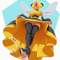 1boy1girl ai_assisted ai_generated anthrofied armwear bee bee_girl black_lipstick cum cumshot dress dress_lift female high_heels kokenaart legwear lipstick looking_at_viewer pokemon pokemon_(species) pussy simple_background stepped_on stepping_on_penis thigh_boots upskirt vespiquen wings