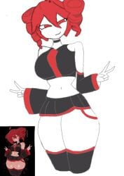 artist_request big_ass big_breasts clothed kasane_teto peace_sign red_hair short_skirt skirt smile source_request thick thick_thighs utau