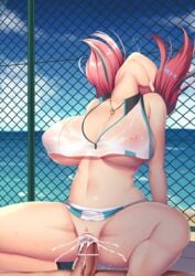 1boy 1girls azur_lane bar_censor bare_shoulders beach blue_sky breasts bremerton_(azur_lane) bremerton_(scorching-hot_training)_(azur_lane) censored chain-link_fence cleavage cloud collarbone commentary_request cowgirl_position crop_top crop_top_overhang cum cum_in_pussy erection female fence head_back heart heart_necklace highres kisaragi_nana large_breasts midriff multicolored_hair navel nipples ocean penis pussy saliva sand see-through sex shirt shore skirt skirt_lift sky sleeveless sleeveless_shirt sportswear spread_legs stomach straddling straight streaked_hair tennis_uniform two-tone_shirt two-tone_skirt two_side_up underboob vaginal_penetration water