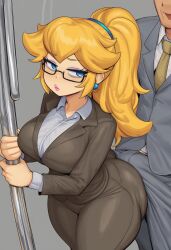 ai_generated annoyed bags_under_eyes big_ass big_breasts blush boner child_bearing_hips cock_on_ass coworker_peach fully_clothed holding_on mario_(series) pole ponytail princess_peach shortstack suit taller_male thick_thighs thin_waist tired train_interior
