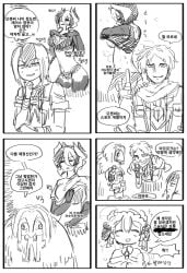 1girls 4boys big_breasts bra cleavage comic female korean_text lingerie made_in_abyss male marulk monochrome ozen ozen_kanojo simred sweat undressing yelme zappo
