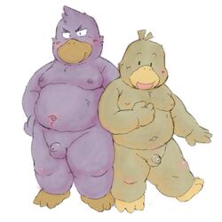 1:1 2013 anthro avian balls belly duo genitals kemono male male_only moobs navel nipples overweight overweight_male penis purple_body ruco simple_background white_background young