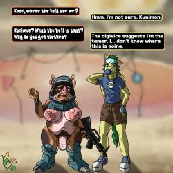 1:1 anthro armor balls bandai_namco breasts clothing cybernetic_leg cybernetic_limb cybernetics cyborg digimon digivice english_text equid equine eyewear eyewear_on_head flaccid futanari genitals goggles goggles_on_head gun gynomorph headgear helmet hi_res intersex korn_cob korncob kuni_porcula lakeside machine machine_gun mammal mythological_creature mythological_equine mythology nipples pegasus penis power_lines pubes ranged_weapon road_sign shortstack shortstack_intersex suid suine text utility_pole vein veiny_penis wattles weapon wings