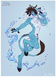 animal_genitalia animal_penis anthro black_cock blue_eyes blue_fur boy brown_hair deer fantasy fluffy_balls fursona hooves horns iskra kirin magic male naked naked_male nsfw nude nude_male penis smile solo_male teen_boy terias testicles water_bender young young_boy