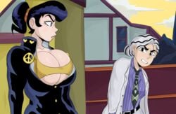 2girls big_breasts black_hair blue_eyes breasts detnox diamond_is_unbreakable female huge_breasts human jojo's_bizarre_adventure josuke_higashikata kosaku_kawajiri light-skinned_female light_skin rule_63 shounen_jump small_clothes straining stretched_clothing tie white_hair yoshikage_kira