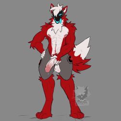 1:1 anthro balls blue_eyes bodily_fluids body_hair chest_tuft fur genital_fluids genitals happy_trail heart_symbol holding_penis humanoid_genitalia humanoid_penis machine male male_focus male_only multicolored_body multicolored_fur muscular muscular_anthro muscular_male penis precum presenting protogen raspberry_fruit_fox skya_the_protogen solo standing tongue tongue_out tuft vein veiny_penis