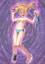 1girls alternate_outfit areolae armpits belly bikini blue_eyes blush bo_(bo) breast breasts clothes feet female female_only fit holding human kasumi_(pokemon) knees_together mostly_nude navel nintendo nipples open_mouth orange_hair poke_ball pokemon pokemon_rgby purple_background shoes short_hair side_ponytail solo spread_arms standing sweat teeth thin_waist toes tongue topless