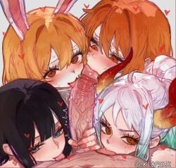 1boy 4girls anthro ball_suck big_penis black-haired_female black_hair blonde-haired_female blonde_hair blue_eyes blush bodily_fluids brown_eyes carrot_(one_piece) detailed_penis eye_contact fellatio female first_person_view fur genitals glistening glistening_genitalia glistening_penis group group_sex hair handjob heart_symbol horn human klopsiak lagomorph leporid licking licking_body looking_at_another male male/female mammal nami_(one_piece) navel nico_robin offscreen_character one_piece oral orange-haired_female orange_hair penile penis penis_grab penis_lick penis_tip rabbit red_hair sex short_hair sucking sucking_tip sweat sweatdrop sweaty_genitalia sweaty_penis throbbing throbbing_penis tied_hair tongue vein veiny_penis white-haired_female white_body white_fur white_hair yamato_(one_piece)