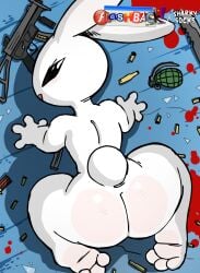 1boy 2026 2d 2d_(artwork) anthro anthro_focus art_pack ass blood blood_splatter blush blush_lines bullet_casings bunny bunny_tail bunnykill color colored digital_drawing_(artwork) digital_media_(artwork) firearm glass_shards grenade gun knife lagomorph lagomorph_humanoid looking_at_viewer looking_back male male_focus male_only sharkysocks snowball_(bunnykill) solo solo_focus solo_male watermark white_body white_skin