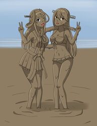 2girls bikini blue_eyes breasts brown_eyes covered_in_mud female haruna_(kantai_collection) kantai_collection kongou_(kantai_collection) mud muddy muddy_hand open_mouth peace_sign redsky98_(artist) winking_at_viewer