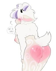 2026 anthro areola ass black_speech_bubble black_text blush bodily_fluids bovid breasts caprine colored digital_drawing_(artwork) digital_media_(artwork) emanata english_text ewe female fur genitals gold_piercing heart_(marking) hi_res mammal markings nipple_piercing nipples nude nude_anthro nude_female piercing pink_areola pink_butt pink_inner_ear pink_nipples pink_nose pomfishee shaved_butt shaved_chest sheep slap_mark solo sweat sweatdrop text vulva white_body white_breasts white_butt white_ears white_face white_fur white_hands white_wool wool_(fur)
