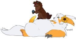 animal_genitalia blue_body blue_eyes blue_fur brown_body brown_fur canid canine canis claws cosmo_(sweerpotato) curled_tail digital_media_(artwork) domestic_dog duo erection feral finger_skateboard flower_accessory fur generation_3_pokemon genitals hi_res long_claws lying male male/male mammal mochasplash nintendo on_back orange_body orange_eyes orange_fur orange_penis paws penis pink_body pink_fur pokemon pokemon_(species) quinn_(zangeese) sheath shiba_inu size_difference skateboard_trick smile spitz tail unimpressed white_body white_fur yellow_body yellow_fur yellow_penis zangoose