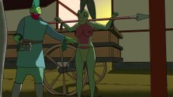 16:9 annoyed arm_spreader bottomwear bound breasts cart clothed clothing female generation_3_pokemon grovyle hi_res loincloth male melee_weapon merchant morning navel nintendo nipples pokemon pokemon_(species) polearm restraints selling slave slaver spear spreader_bar topless town tribal tribal_warrior tutankabron2uv weapon widescreen yoke_(restraint)