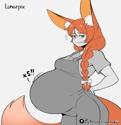 big_breasts blush braid braided_hair braided_ponytail fangs female female_only fox_ears fox_girl fox_tail fully_clothed green_eyes hand_on_belly hand_on_hip hand_on_stomach huge_belly kemonomimi long_hair looking_at_viewer maternity_clothes orange_hair original original_character overalls pregnant quintuplets ready_to_pop single_braid smile spot_color super_belly sweatdrop tsukiji