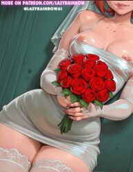 ai_generated ben_10 bride bride_veil cartoon_network cleavage curvy curvy_figure dress gwen_tennyson hi_res lazyrainbow nipple_slip patreon patreon_url patreon_username sadtomato short_dress thighhighs wedding_dress wedding_veil