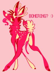 animal_genitalia anus ass bedroom_eyes deer feral fur futret genitals hi_res hooves kriddykreme long_tongue looking_at_viewer looking_back male mammal narrowed_eyes pink_body pink_fur presenting presenting_anus rear_view seductive sharp_teeth solo teeth tongue