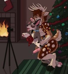 absurd_res anal anal_sex anthro antlers asphyxiation bell blush bodily_fluids bondage bound breath camera canid canine canis choking christmas christmas_clothing christmas_decorations christmas_tree clothing collar collie deer domestic_dog dripping duo femboy fireplace genital_fluids harness held_by_waist herding_dog hi_res holidays horn legwear male male/male mammal new_world_deer panting pastoral_dog penetration plant precum precum_drip predator/prey prey_penetrating_predator recording recording_video reindeer rufus_(rufushowell) sheepdog skylardoodles stockings tree