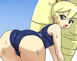 angry ass blonde_hair bodysuit capcom isu looking_at_viewer luna_platz mega_man mega_man_star_force rockman ryuusei_no_rockman school_swimsuit shirogane_luna shooting_star_rockman twin_drills