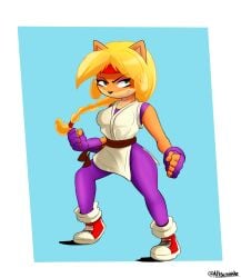 1girls art_of_fighting blonde_hair braid brown_fur coco_bandicoot cosplay crash_(series) female female_focus furry furry_female green_eyes highres ryuuko_no_ken scrabble007 simple_background small_breasts snk the_king_of_fighters younger_female yuri_sakazaki_(cosplay)