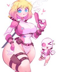1girls breasts female female_focus female_only gwen_poole gwenpool large_breasts light-skinned_female light_skin looking_at_viewer marvel reinsleif rox_hoxten solo thick_thighs thighs white_background wide_hips