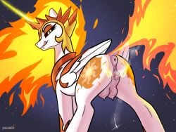4:3 alicorn animal_genitalia animal_vulva anus bodily_fluids daybreaker_(mlp) equid equine equine_genitalia equine_vulva fangs female feral fire friendship_is_magic genital_fluids genitals hasbro hi_res horn looking_at_viewer magic mammal my_little_pony mythological_creature mythological_equine mythology princess_celestia_(mlp) puffy_anus raised_tail solo spread_vulva spreading tail teats teeth user001 vaginal_fluids vulva wings
