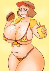 belly bikini burger cap cum cum_on_breasts curvy fast_food fast_food_uniform female hamburger haru_okumura huge_breasts igdel persona persona_5 pinup solo uniform wide_hips