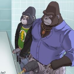 1:1 age_difference anthro ape arumi87922 balls bathroom big_daddy_(sing) bodily_fluids bottomwear clothed clothing digital_media_(artwork) duo erection father_(lore) father_and_child_(lore) father_and_son_(lore) foreskin fur gay gay_male genital_fluids genitals gorilla haplorhine hi_res humanoid_genitalia humanoid_penis illumination_entertainment incest jacket jewelry johnny_(sing) looking_at_genitalia looking_at_penis male male_peeing mammal necklace open_bottomwear open_clothing open_jacket open_pants open_topwear pants parent_(lore) parent_and_child_(lore) parent_and_son_(lore) partially_retracted_foreskin peeing peeing_in_urinal peeing_together penis primate public_restroom shirt simple_background sing_(movie) son_(lore) standing topwear uncircumcised uncut urinal urinal_peeking urine urine_stream vein veiny_penis yaoi