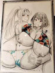2girls ass big_ass big_breasts bikini bikini_bottom bikini_top bite_mark blonde_hair breasts breasts_out condom condom_in_mouth darkestrosa female hikari_(xenoblade_2) homura_(xenoblade_2) huge_ass huge_breasts mythra mythra_(xenoblade) nintendo nipple_piercing nipples pyra pyra_(xenoblade) slap_mark swimsuit xenoblade_(series) xenoblade_chronicles_2 yellow_eyes