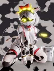 1girls 2_tails 3d 3d_(artwork) 3d_render 5_fingers 777bronzestar bell bell_collar big_breasts bikini bikini_bottom bikini_top blender blender_(artwork) blender_(software) bucket choker clothed clothing cow_girl cow_horns cow_print cow_tail curvy curvy_body curvy_female curvy_figure eyebrows eyelashes female female_focus female_only glitch_productions gloves glowing_eyes headgear headwear huge_breasts looking_at_another metallic_body milk murder_drones ribbon robot robot_girl short_hair sitting sitting_down stockings tail thick_thighs two-tone_body v_(bysamzan) v_(murder_drones) white_body white_hair yellow_eyes