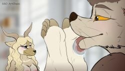 5_toes absurd_res antelope anthro bovid breasts canid canine canis domestic_dog duo eye_contact feet female foot_fetish foot_focus foot_lick hi_res horn humanoid_feet licking looking_at_another malaika male male/female mammal phillip_ryder plantigrade saliva_on_foot shanti toes tongue