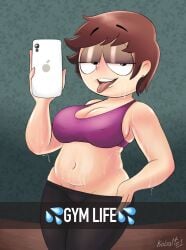 1female 1girls 2d 2d_(artwork) 2d_artwork bedroom_eyes breasts caption comedy_central covered_in_sweat earrings female gym_clothes gym_clothing hand_on_hip iphone kobalto1 looking_back midriff milf no_underwear pubic_hair purple_topwear pussy_hair selfie sharon_marsh south_park sweat sweating sweaty sweaty_body tagme text tongue_out watermark