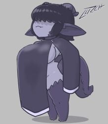 1girls 2026 artist_name artist_signature black_hair covering female female_focus female_only gresha_(lurchillustrates) grey_skin hair_over_eyes horns kobold large_breasts lurchillustrates monster_girl original scaly_skin shortstack sideboob solo solo_female solo_focus tail