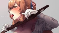 bound bound_wrists breasts breasts_out brown_hair collarbone collared_shirt female girls'_frontline green_eyes hair_rings highres large_breasts long_hair long_sleeves nakiusagi off_shoulder open_clothes open_mouth open_shirt out-of-frame_censoring pillory ponytail shirt sidelocks solo springfield_(girls'_frontline) tongue tongue_out upper_body white_shirt