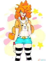 2015 ai_enhanced beagle booty_shorts canine curvy_figure cute enhanced_resolution femboy green_eyes inuki_zu inuzu orange_hair sfw simple_background solo_male surprised_expression thigh_socks