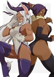 2girls abs animal_ears armwear artist_name bangs bare_back bare_shoulders bare_thighs black_leotard bleach boots bunny_ear bunny_girl buttons clenched_teeth clothed clothed_female clothing crossover dark-skinned_female dark_skin dora_marombeira dotted_background double_chocolate female female_only fist fit fit_female gloves gold_eyes hair_ornament hairband hero_outfit_(mha) heroine iaranaika large_thighs leotard long_hair medium_breasts miruko muscles muscular muscular_female my_hero_academia ponytail purple_hair rabbit_ears rabbit_humanoid rabbit_tail raised_tail rumi_usagiyama scarf shihouin_yoruichi shiny_hair shiny_skin side_boob sideboob smile smiling smiling_at_viewer smirk teeth thigh_high_boots thighhighs very_long_hair white_background white_fur white_gloves white_hair white_leotard yellow_eyes