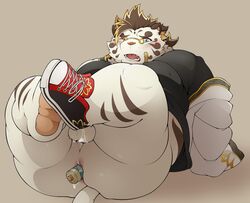 2020 anthro anus ass balls blush clothing felid fur genitals hi_res kemono licho_(tokyo_afterschool_summoners) male male_only mammal masturbation overweight overweight_male pantherine pomupomu490 shirt simple_background solo tiger tokyo_afterschool_summoners topwear video_games white_body white_fur