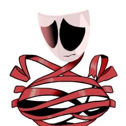 black_eyes bondage breasts comedy_mask female gangle_(tadc) glitch_productions head_only highres huge_breasts humanoid invisible_breasts large_breasts looking_down mask melonmiloc no_nipples objectification red_ribbon ribbon ribbon_bondage sad shiny shy simple_background solo the_amazing_digital_circus white_background white_skin yuri