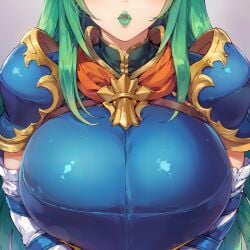 ai_generated armor armored_female big_breasts blue_armor breast_focus fire_emblem fire_emblem:_path_of_radiance fire_emblem:_radiant_dawn fully_clothed gifted11 green_hair green_lipstick massive_breasts nephenee_(fire_emblem)