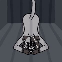 1:1 animated anthro ass barkbeast breasts felid feline female front_and_back front_view grey_body hair lion low_res mammal muzzle_(object) pantherine prison rear_view shaking_breasts shaking_butt solo tail tail_motion tail_tuft tailwag teasing tuft