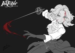 1girls blood blood_on_face clair_obscur:_expedition_33 female female_only half-dressed maelle_(clair_obscur:_expedition_33) monochrome partially_colored rapier solo sword white_hair