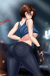 ass big_breasts blue_eyes brown_hair clothed_female female female_only firearm gloves gun handgun handwear human jeans jill_valentine jill_valentine_(sasha_zotova) looking_at_viewer looking_back pale_skin pistol public resident_evil resident_evil_3 resident_evil_3_remake short_hair skin_tight solo solo_female solo_focus thick_thighs tight_jeans tight_pants underboob weapon zantyarz