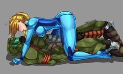 1boy 1girls all_fours armor ass big_ass big_breasts bodysuit breasts clothed crossover doom doom_slayer_(doom) eastern_and_western_character eye_contact female grey_background half-closed_eyes heart helmet human larger_male littlewitchnsfw male metroid nintendo on_back on_top ponytail samus_aran side_view size_difference smaller_female text thick_thighs watermark zero_suit zero_suit_samus