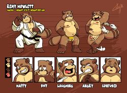 2020 anthro asian_clothing balls bottomwear brown_body brown_fur bulge canid canine clothing codywulfy_(artist) east_asian_clothing english_text fundoshi fur genitals hi_res humanoid_hands japanese_clothing male male_only mammal moobs nipples one_eye_closed overweight overweight_male pants penis raccoon_dog solo tanuki text tickling underwear wink