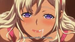 1boy 1girls animated baka_dakedo_chinchin_shaburu_no_dake_wa_jouzu_na_chii-chan big_breasts bimbo blonde_hair censored clothed dark-skinned_female english_text female ganguro gyaru mosaic_censoring paizuri purple_eyes shiina_chieri text