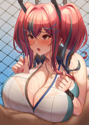 1boy 1girls absurdres aroused azur_lane bangs bare_shoulders blush blush_stickers bra breast_squeeze breasts bremerton_(azur_lane) bremerton_(scorching-hot_training)_(azur_lane) cleavage clothed_sex collarbone commentary_request crop_top cum cum_on_body cum_on_breasts cum_on_upper_body dark-skinned_male ear_piercing ebekus_omom ejaculation engulfing_paizuri female hair_between_eyes hair_ornament hairclip heart heart_necklace highres huge_breasts large_breasts light-skinned_female long_hair looking_at_viewer mole mole_on_breast mole_under_eye momo_no_sukebe multicolored_hair nail_polish open_mouth paizuri piercing pink_eyes pink_hair pink_nails see-through sex shirt sidelocks sleeveless sleeveless_shirt solo_focus sportswear straight streaked_hair sweat tennis_uniform twintails underwear variant wet wet_clothes white_bra x_hair_ornament