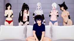 1boy 5girls black_hair breasts daven_(extremesoda) extremesoda gym_uniform kali_belladonna male milf panties piper_perri_surrounded raven_branwen rwby salem_(rwby) seductive seductive_look sports_bikini summer_rose topless white_hair willow_schnee