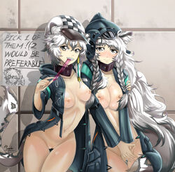 2girls animal_ear_fluff animal_ears areolae arknights blush breasts broken_condom cat_ears cat_tail clenched_teeth cliffheart_(arknights) condom condom_in_mouth embarrassed english_text exhibitionism female female_only grey_eyes hat highres holding_hands large_breasts leopard long_hair looking_at_viewer medium_breasts multiple_girls naked navel nipples nude perverted_panda pramanix_(arknights) pussy sabotaged_condom seductive shaved_pussy short_hair siblings silverash_(arknights) sisters smile tail thighs two_tone_hair two_tone_tail uniform white_eyes white_hair