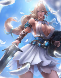 1girls absurdres alluring blonde_hair blue_eyes breasts cleavage clothed erect_nipples_under_clothes female female_only high_resolution highres jewelry limgae long_hair looking_at_viewer looking_down milf silf skirt solo sophitia_alexandra soul_calibur soul_calibur_ii soul_calibur_iii sword