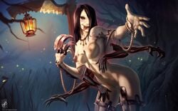 2020 black_hair breasts claws demon demoness female fiddlesticks highres keys league_of_legends long_hair long_tongue monster_girl multi_arm multi_limb nipples riot_games rope rule_63 sack scarecrow scythe solo standing tagme themaestronoob